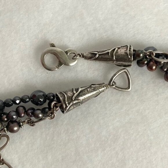 Sterling Silver 925 Triple Strand Peacock Pearl Hematite & Chain Necklace 17.5" - Picture 8 of 16